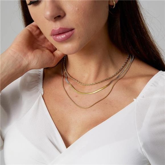 Tasiso 14K Gold Filled Herringbone Choker Necklace Set Double Layer - Picture 4 of 8